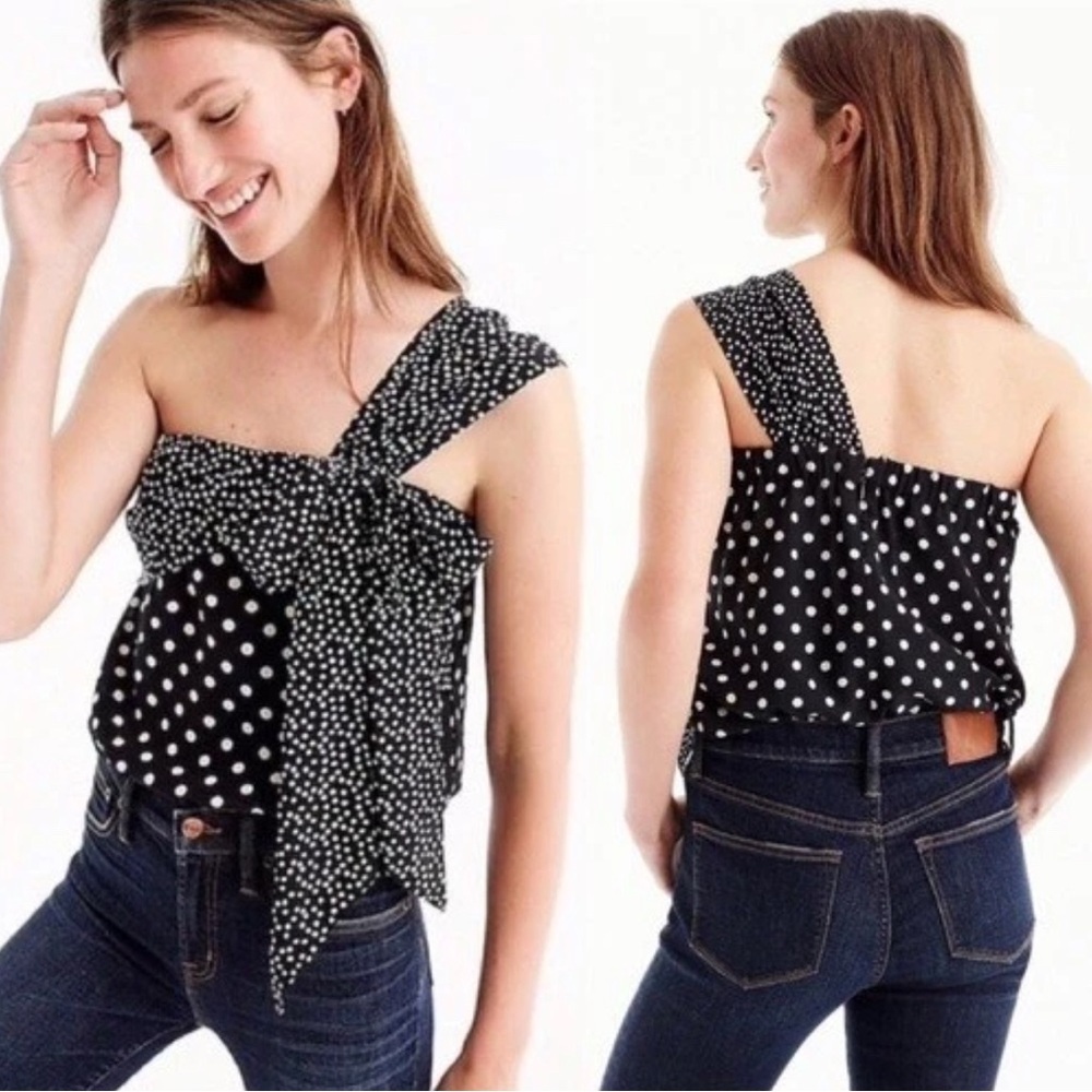 NWT J. Crew Silk Black White Polka Dot One-Shoulder Bow Top Size 00